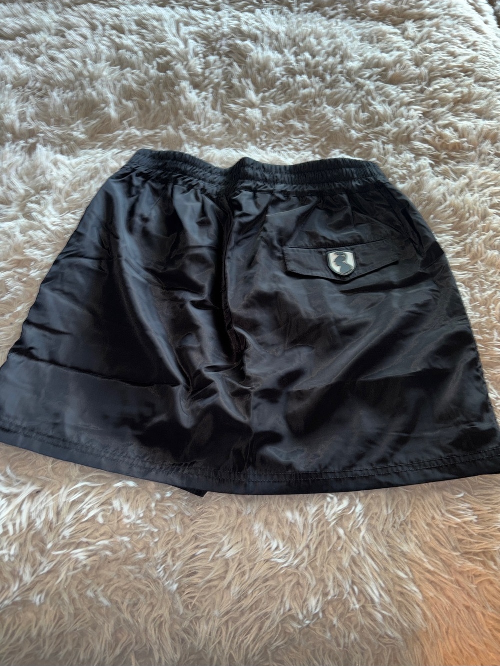 VHNY Black Satin Mini Skirt with Logo Patch Pocket lined with built in shorts